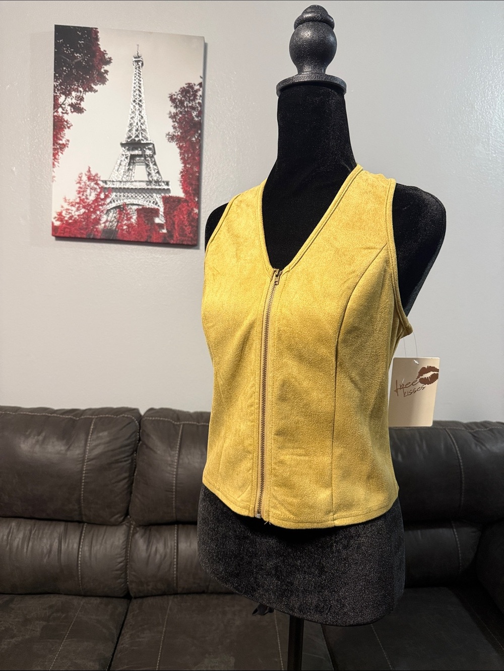 Free Kisses Mustard Halter Zip-Back Suede-Look Top